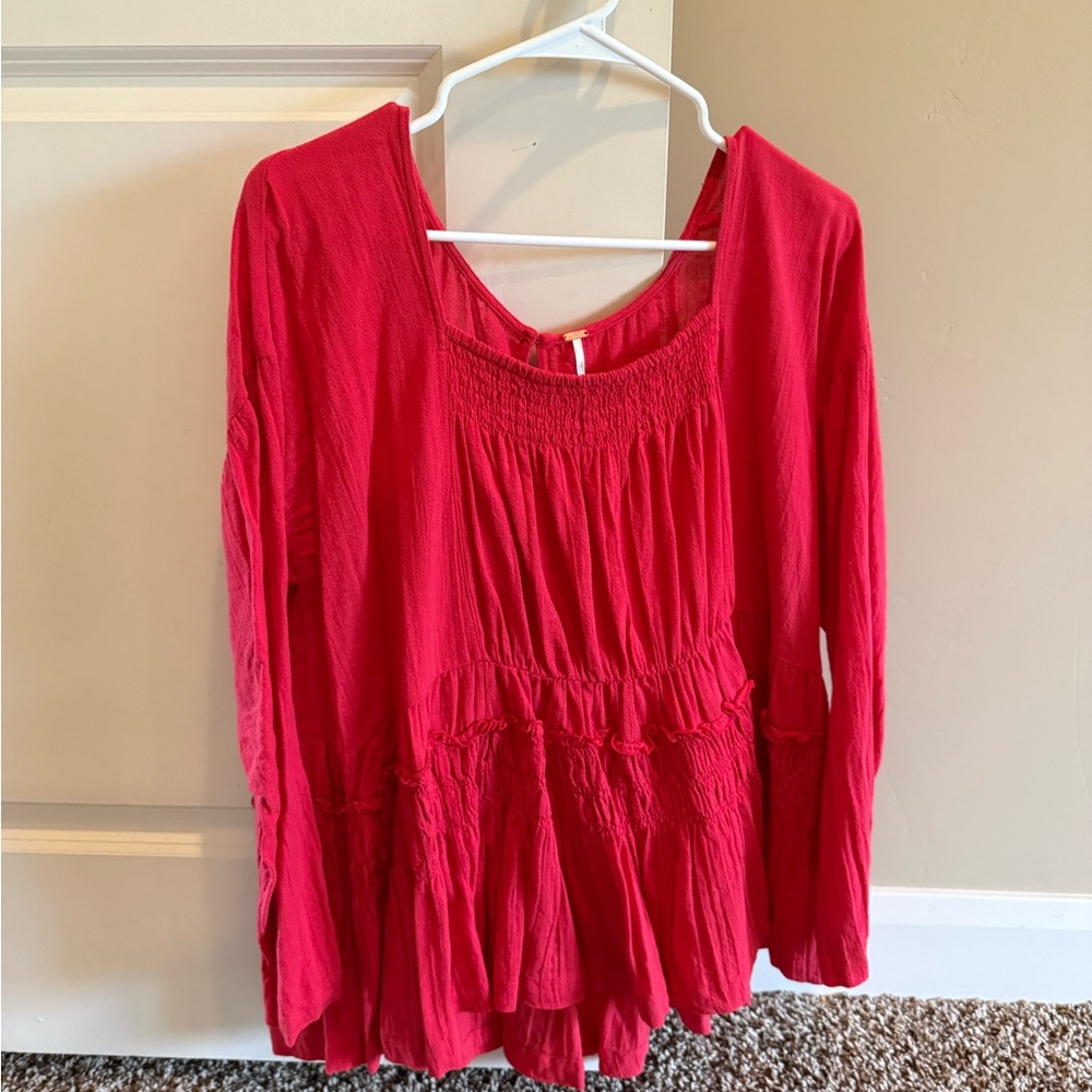 Free People Red Smocked Long Sleeve Blouse